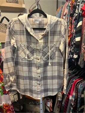 Grace & Lace Plaid Hooded Button-Up in Grey, Cream & Tan
